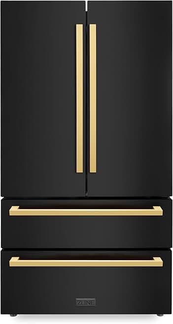 Z Line Kitchen and Bath ZLINE 36 in. Autograph Edition 22.5 cu. ft 4-Door French Door Refrigerator with Ice Maker in Black Stainless Steel with Polished Gold Modern Handles (RFMZ-36-BS-FG)
