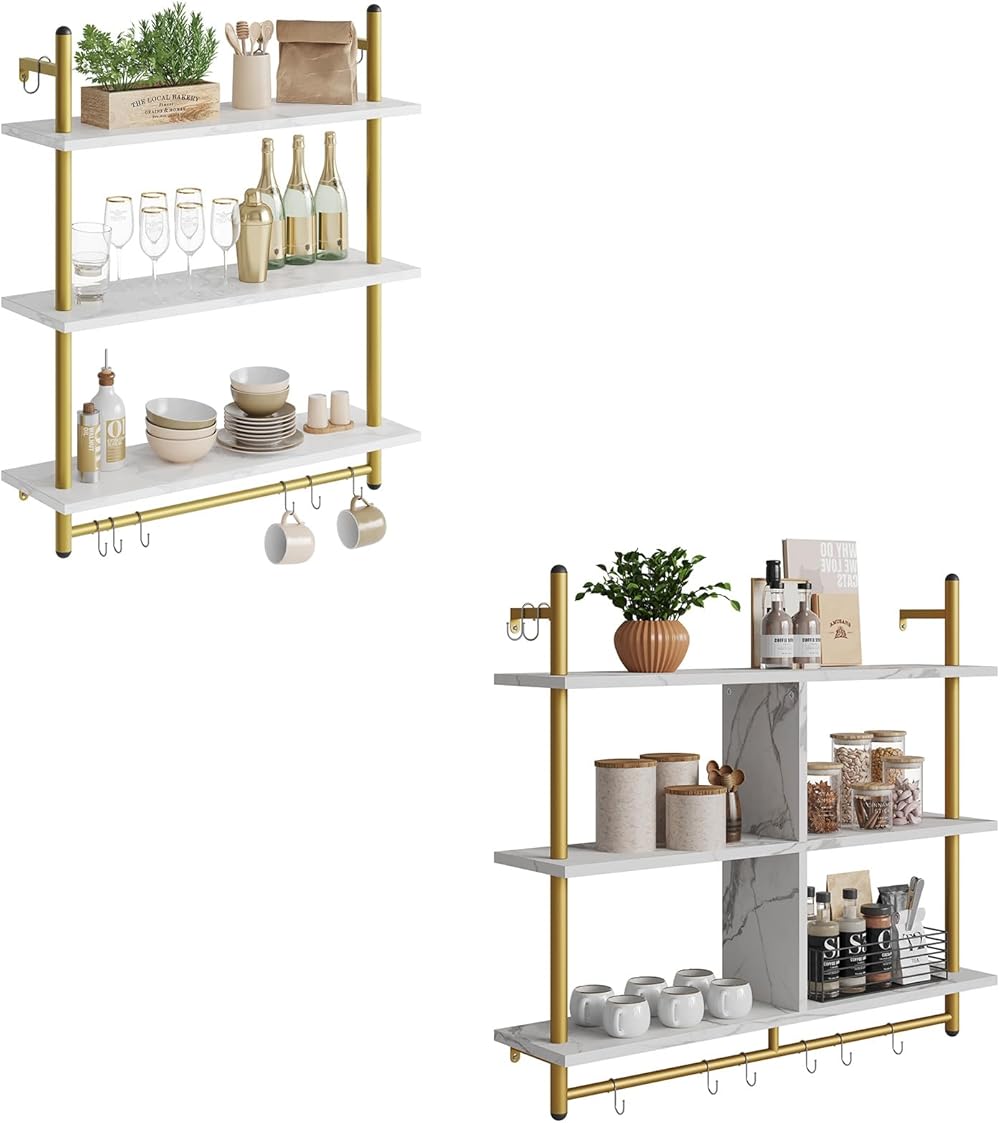 Bestier Floating Pipe Shelving Kitchen Shelves 3 Tier Bundle, White Marble