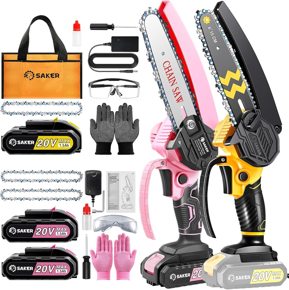 Saker Mini Chainsaw Cordless 6-Inch 2023 Upgrade Switch Security Lock and Saker Mini Electric Chainsaw,6 Inch Pink