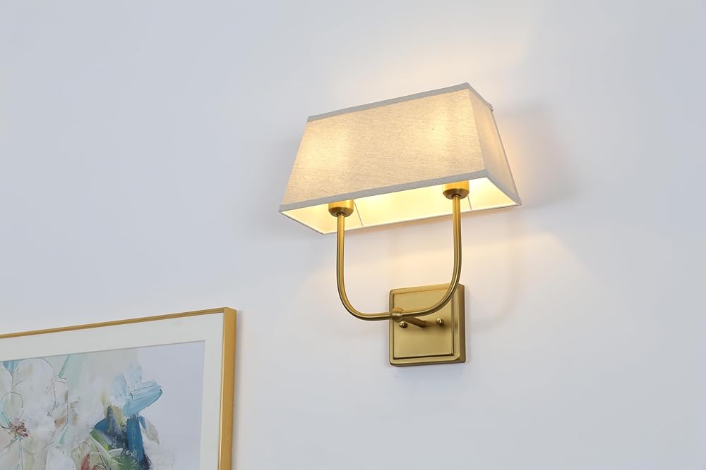 Vintage 2-Lights Wall Sconces White and Linen Fabric Lampshades, Double Head Bathroom Vanity Lights Fixture in Antique Brass, Indoor Wall Lamps for Bedroom Living Room Hallway Stairway