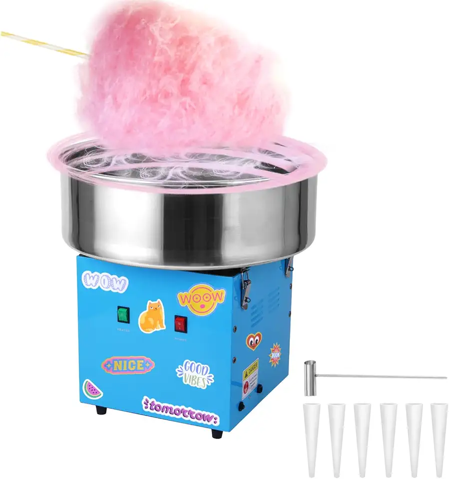 Commercial Cotton Candy Machine Blue 1100W Electric Candy Floss Maker for Kids with Stainless Steel Pan Candy Cones Sugar Scoop for Family Events Home Birthday Party Carnival