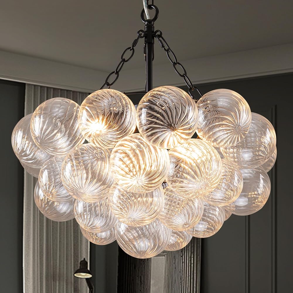 Cluster Bubble Glass Ball Chandelier Black Finish Light Fixtures Swirled Clear Globe Blown Glass Chandeliers 20