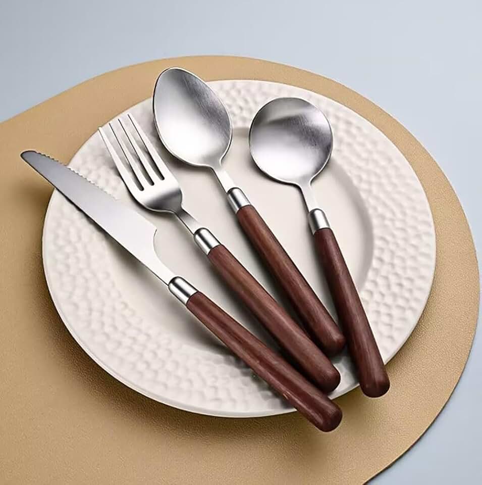 Wood Handle Silverware Set for 10, Wooden Flatware Set,40 Piece Stainless Steel Cutlery Set Tableware Utensil Sets Knives Forks Spoons Dinnerware Set for Home Restaurant Natural Matte Silver