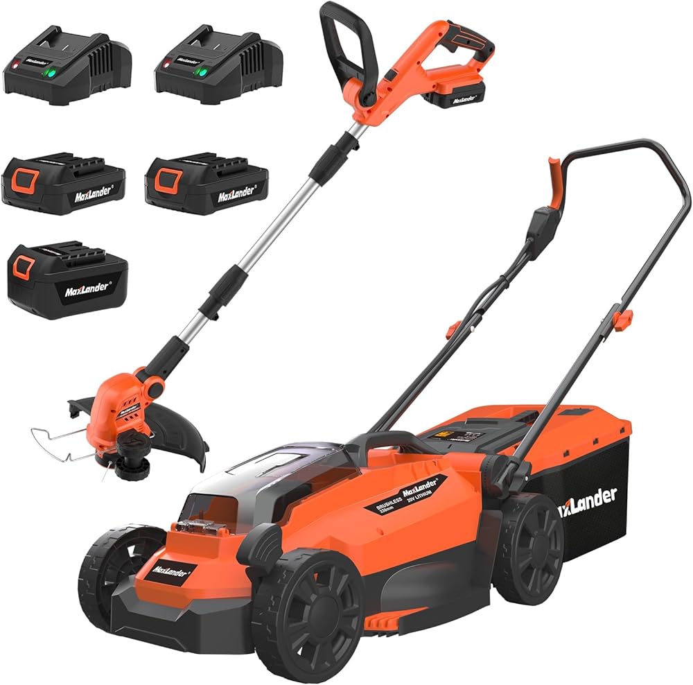 MAXLANDER 20V 13 Inch Electric Lawn Mower Cordless + 12Inch Weed Wacker Cordless with 2PCS Batteries