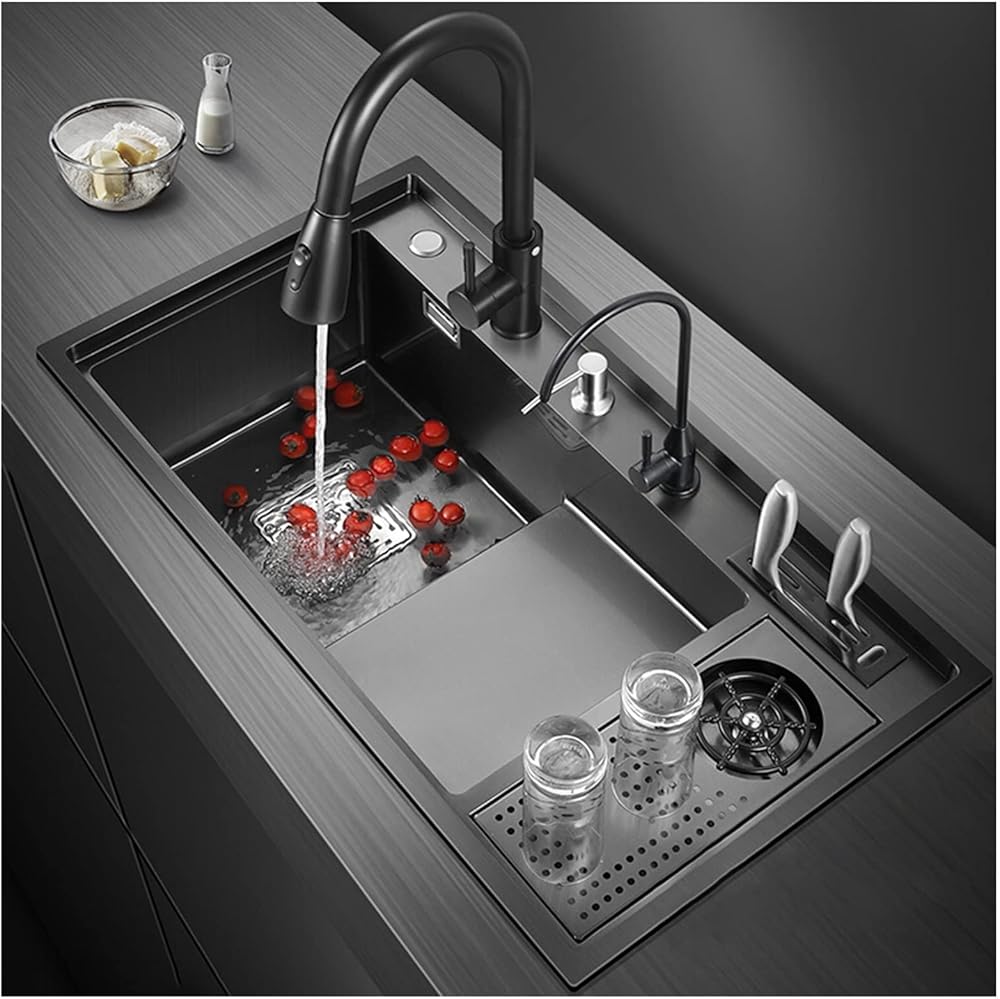 -Stepped Cup Washer Sink 304 Stainless Steel Handmade Kitchen Sink Multi-Function Single Bowl Bar Preparation Sink with Pull-Out Faucet Top Mount Or Undermount