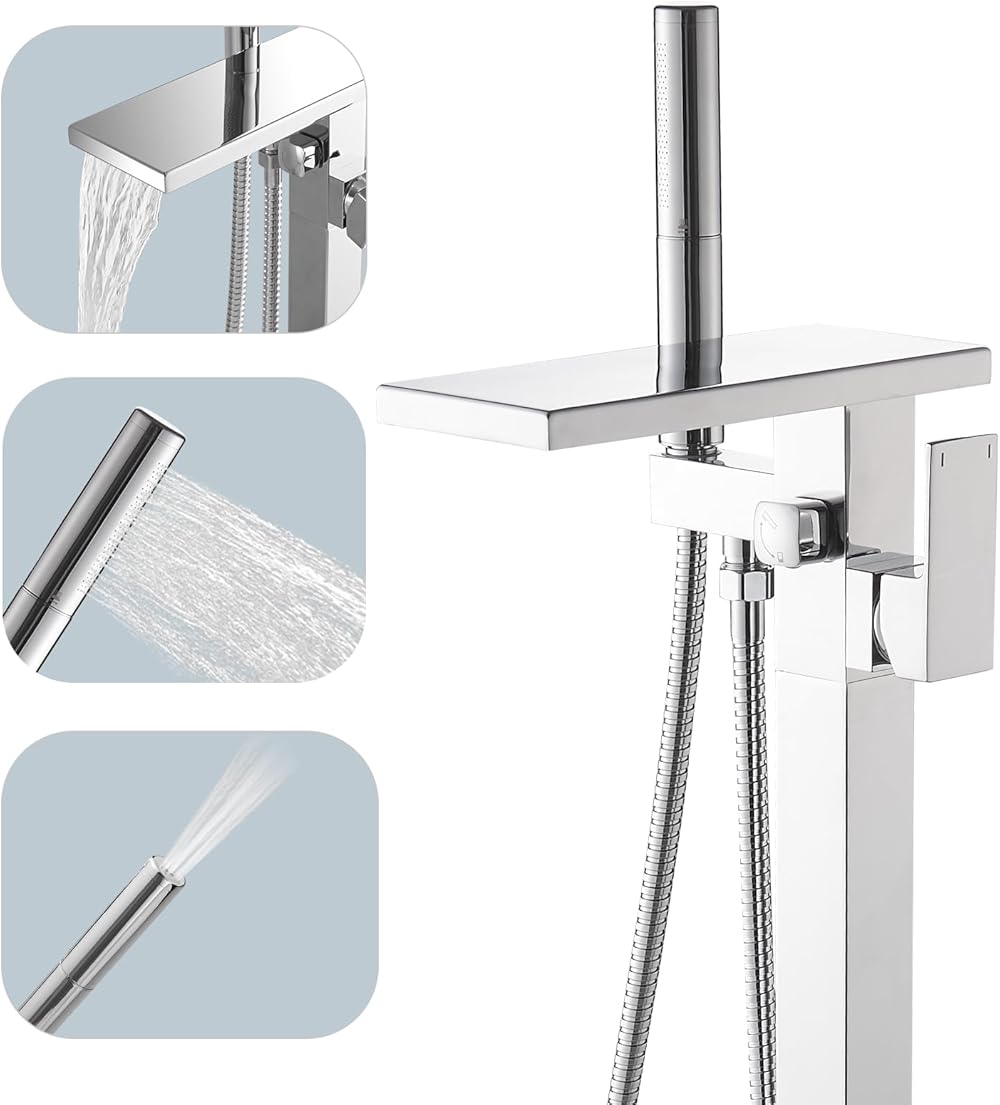 Hoimpro Freestanding Bathtub Faucet Waterfall Tub Filler Chrome Floor Mount Brass Single Handle Bathroom Tub Faucets with 2 Function Hand Shower Wand