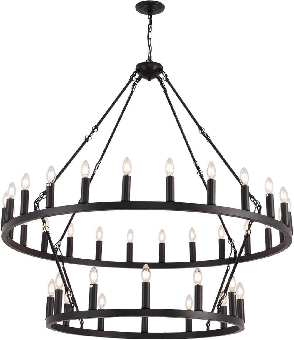 Black Wagon Wheel Chandelier 2 Tier 48Inch 36 Lights Large Farmhouse Pendant Light Fixture, Rustic Hanging Lighting for High Ceilings Living Dining,Room Foyer,Entryway Porch,Villa
