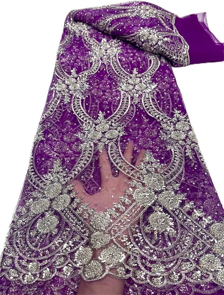 Sexy Red African Lace Fabric Sequins Mesh Luxury Heavy Bead Embroidered Tulle Fabric for Sewing Dresses