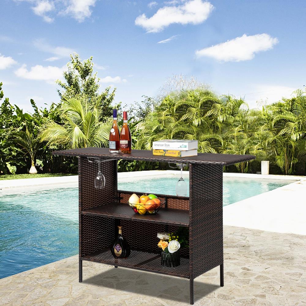 SamyoHome Outdoor Patio Wicker Bar Counter Table Backyard Furniture, Brown