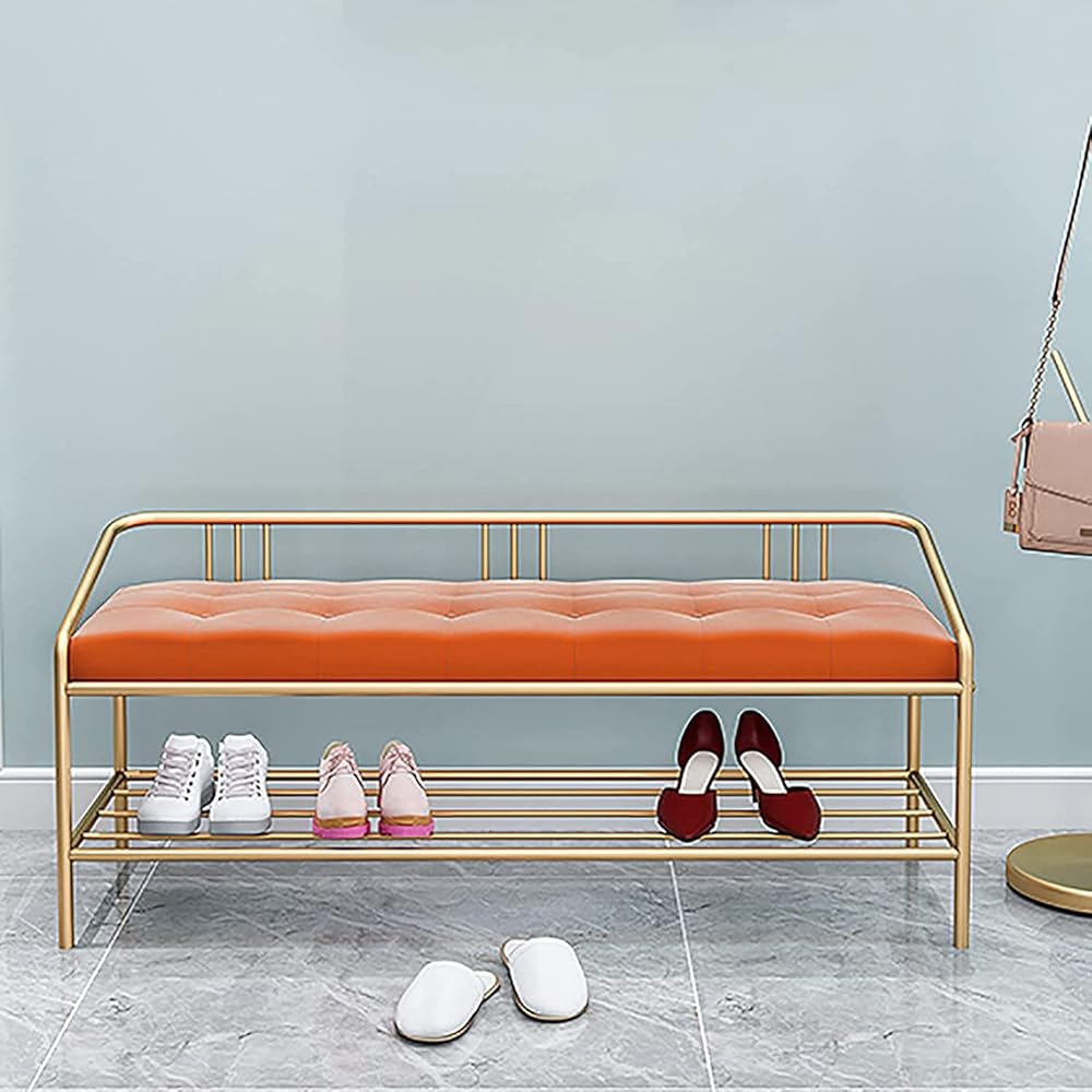 Shoe Storage Bench Entryway Hallway Furniture, Hallway Shoe Bench with Storage Space Metal Frame Entryway Shoe Stool with Back, for Entryway, Living Room, Bedroom(Orange)
