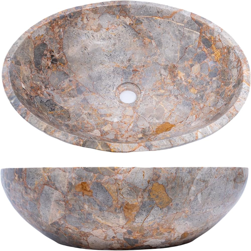 Gray Oval Vessel Sink, Marble Stone Vessel Sink, Vessel Sinks for Bathrooms Countertop, Vessel Sink Stone, Modern Vessel Sink included Copper Pop-up Drain and P Trap Sink
