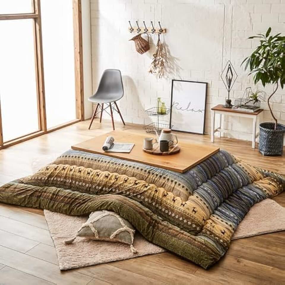 IKEHIKO Kotatsu Futon Comforter, Fluffy Premium Cotton Flannel, Kotatsu Square Rectangle Shape Green Heater Table, Japanese Futon Craftsman, Made in Japan 1499 (205×205cm)