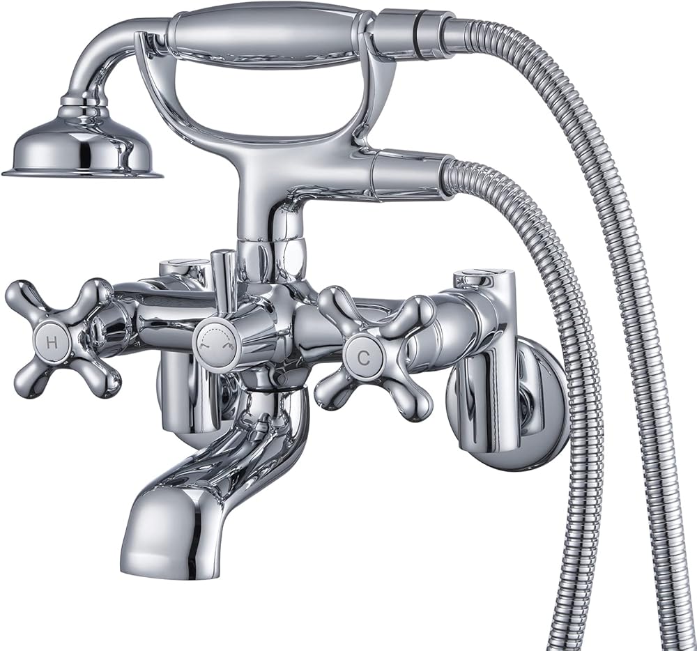 Clawfoot Tub Faucet Wall Mount Tub Filler Chrome Vintage Brass Bathtub Faucets with Telephone Shaped Hand Shower