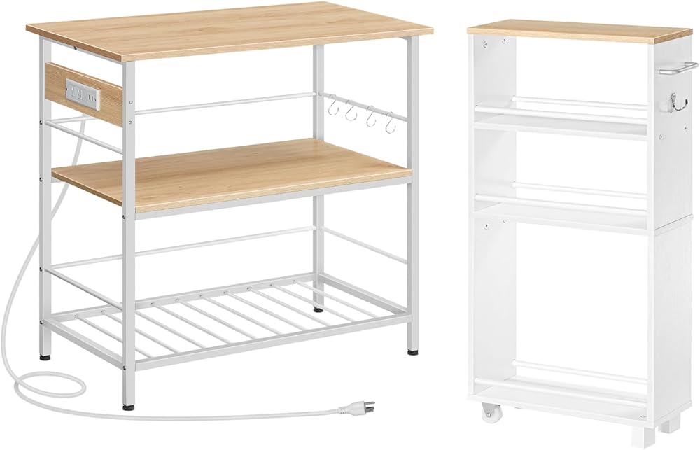 HOOBRO Kitchen Island with Storage and 4-Tier Slim Storage Cart, Kitchen Island Table with Power Outlet, Slim Rolling Storage Cart with Handle and Hooks for Bathroom, Laundry Room WN021ZD01-WN12TC01