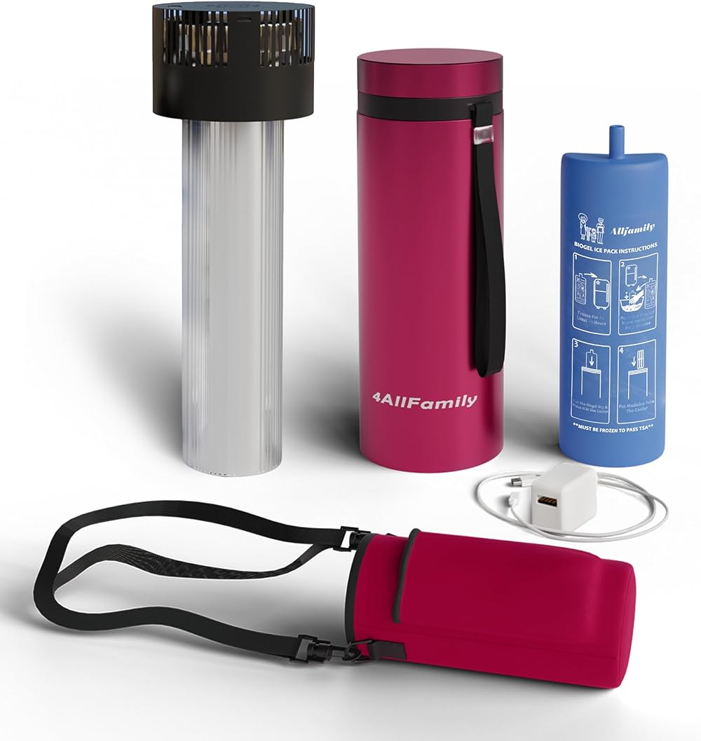 4ALLFAMILY Voyager AUTO Shut Off USB TSA Medication Cooler Travel Case Keeps Fridge Temp 36F-46F + Biogel Ice Pack |Perfect Medical Cooler Diabetes Insulin Eye Drop Arthritis (Magenta)