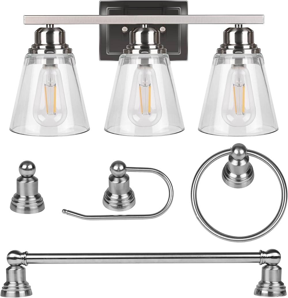 Brushed Nickel 3 Light Bathroom Vanity Light & Bathroom Hardware Set,Brushed Nickel 5 Piece Bathroom Light Set,Wall Lamp for Bathroom and Accessories Kit 5-piece Brushed Nickel Bathroom Accessories