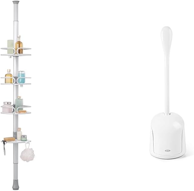 OXO Good Grips Quik-Extend Aluminum Pole Shower Caddy and Good Grips Compact Toilet Brush & Canister, White, 6