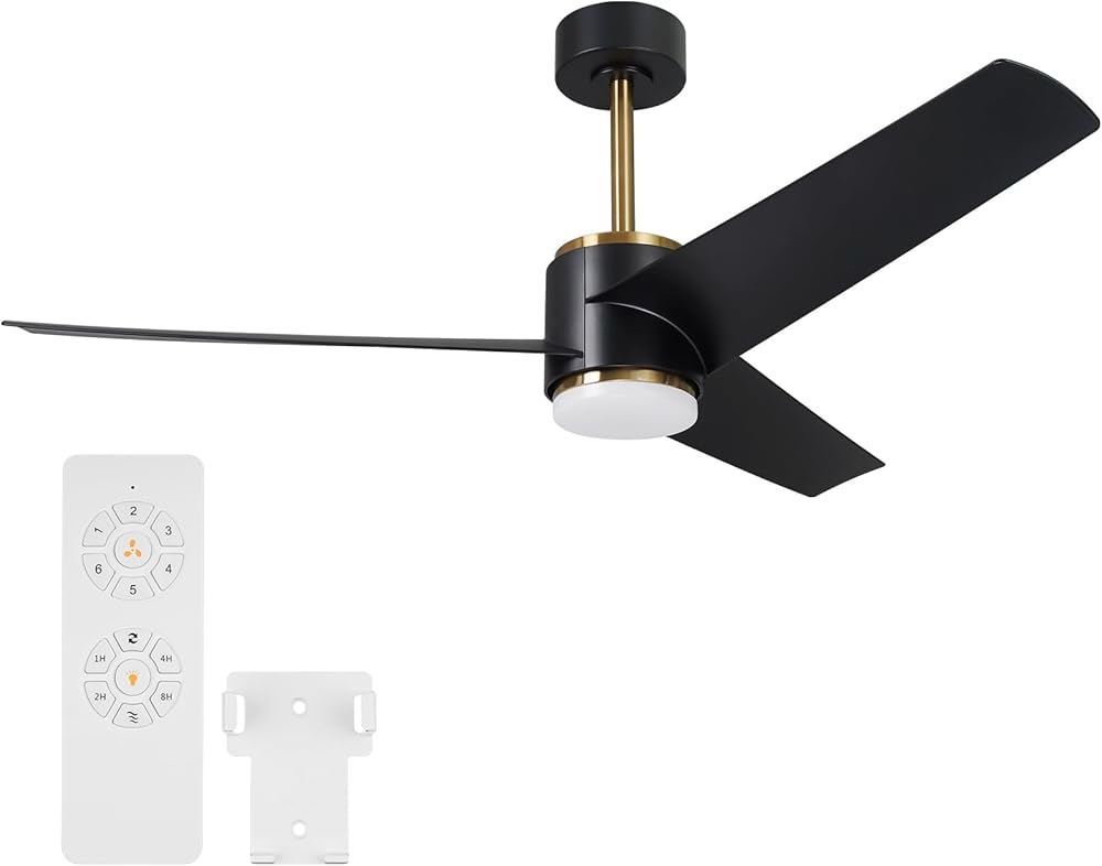 52 Inch Black Ceiling Fan with Light, Modern Gold Ceiling Fan with Remote, 3 Blade Ceiling Fan Memory Lighting Reversible Quiet DC Motor for Bedroom Living Room Outdoor Patio Porch