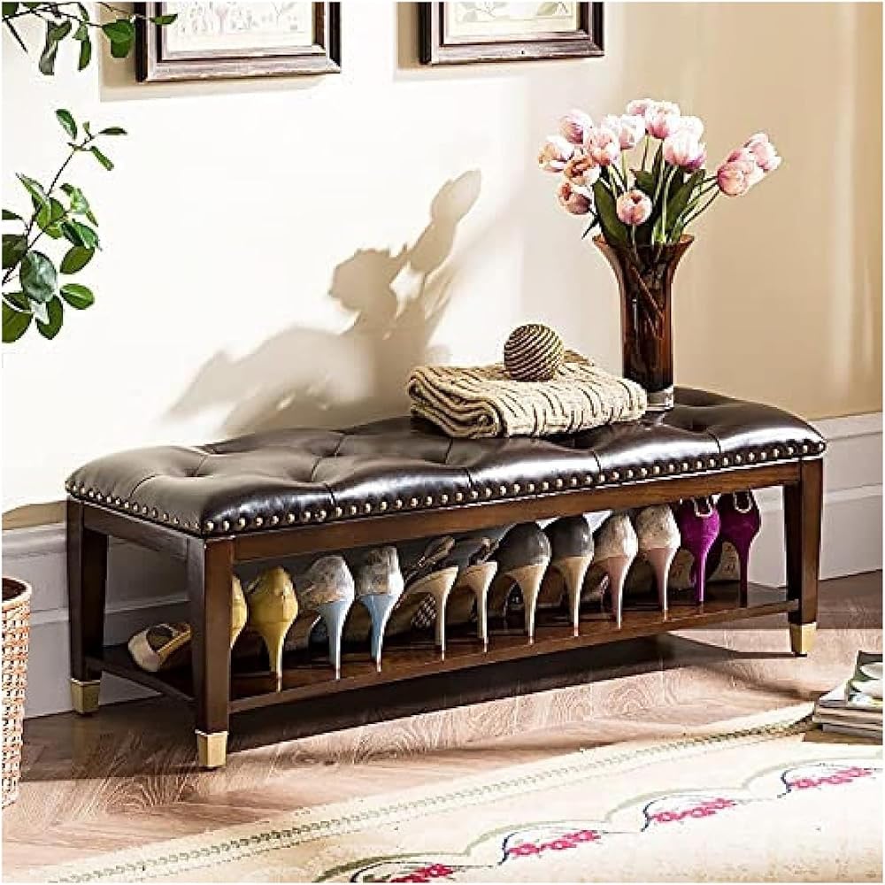 Shoe Storage Bench Entryway Hallway Furniture, Solid Wood Bench, Button Shoe Bench, Shoe Cabinet Storage Rack Bench, Padded seat for Bedroom Living Room(60x35x33cm)