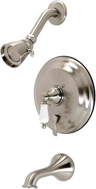 Kingston Brass KB36380PL Restoration Tub and Shower Faucet with Porcelain Lever Handle, Brushed Nickel