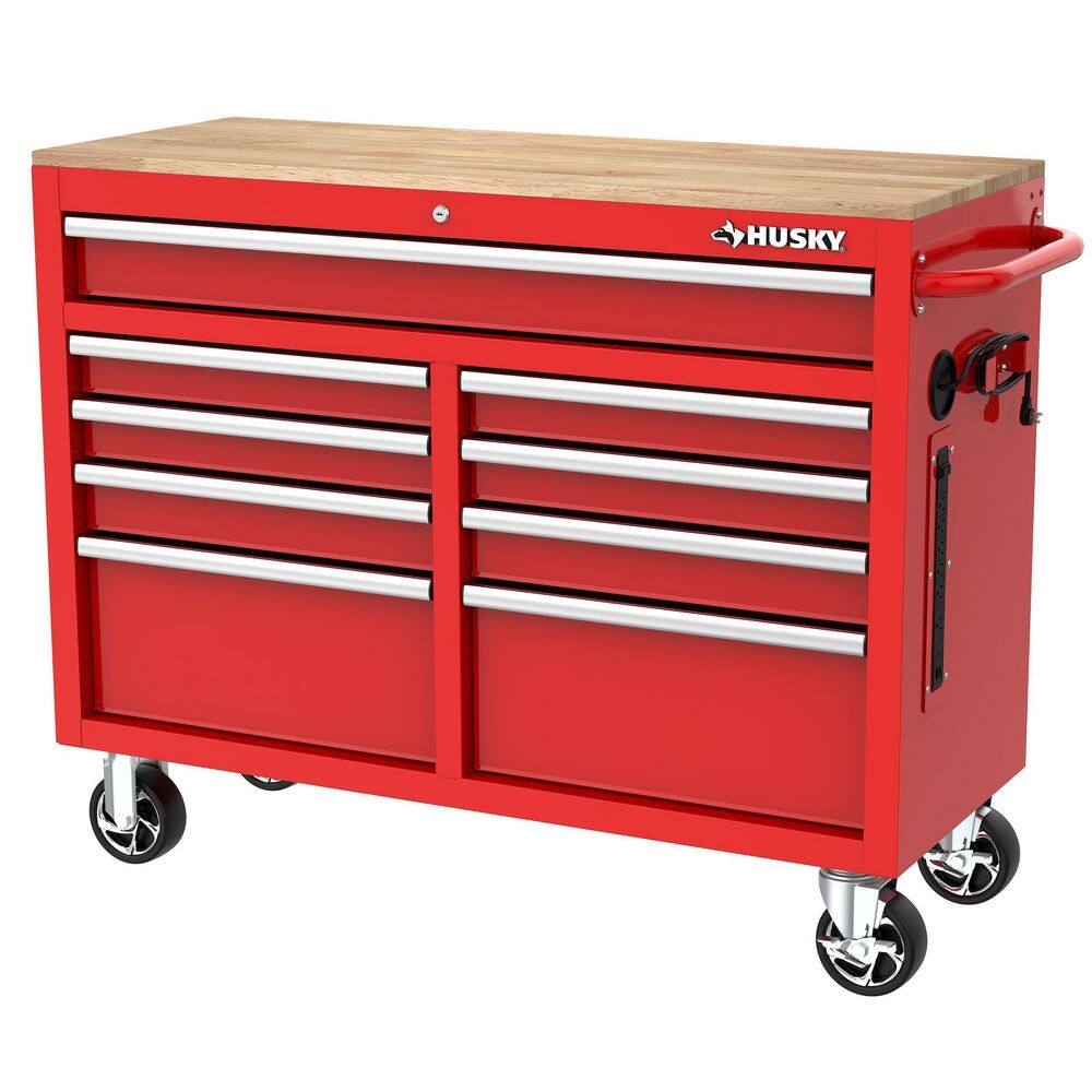 Husky H46X18MWC9RED 46 in. W x 18 in. D 9-Drawer Gloss Red Mobile Workbench Cabinet with Solid Wood Top