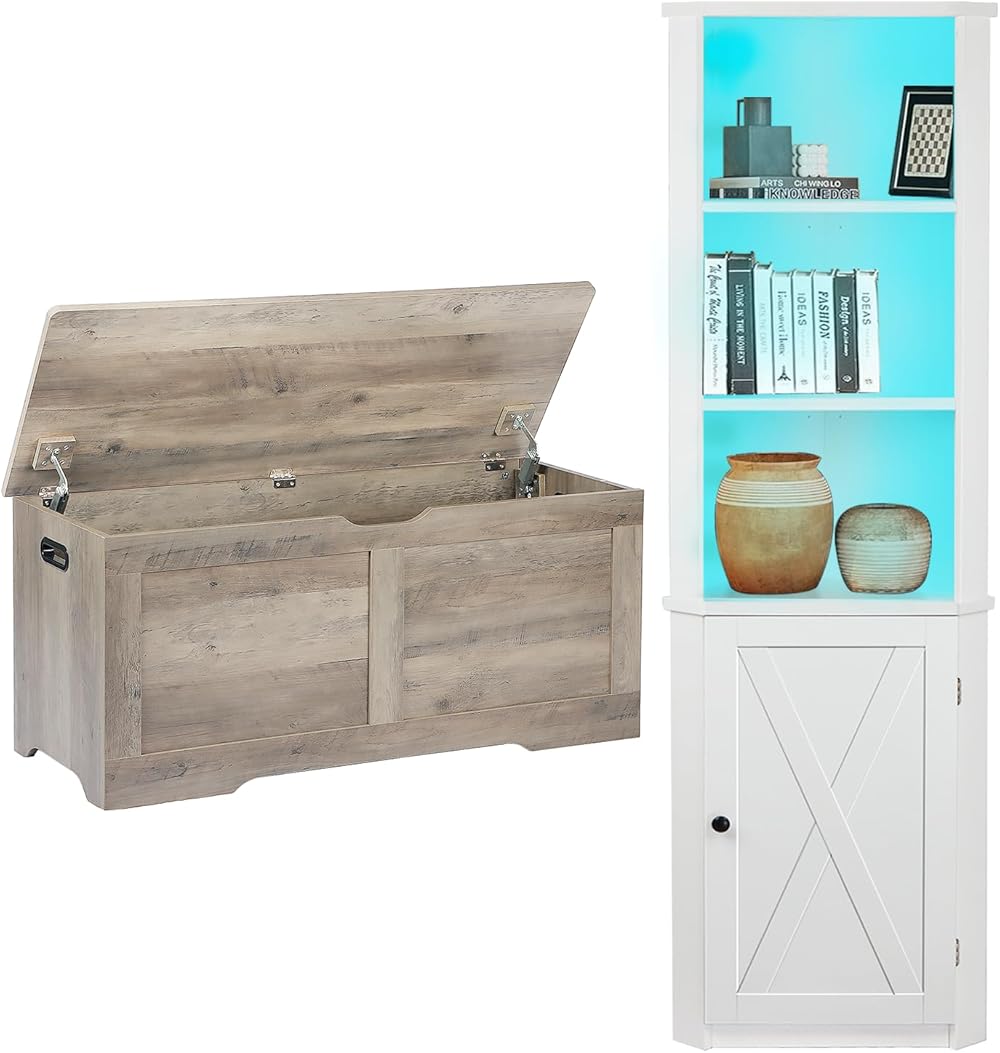 Toy Chest and Corner Cabinet Bundles, Large Toy Box with 2 Safety Hinges, Entryway Bench, Tall Corner Cabinet with Doors for Living Room, Bedroom