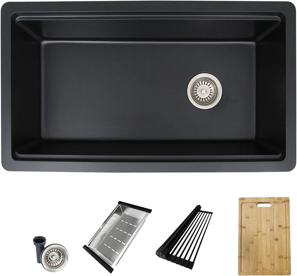 STYLISH 32 x 18 inch Workstation Dual Mount Granite Composite Single Bowl Reversible Kitchen Sink with Regular Strainer, Colander, Drying Rack and Cutting Board (Black) S-832WN