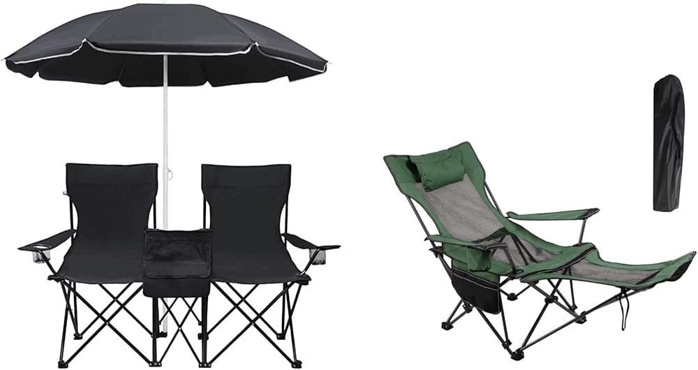 LEADALLWAY Double Camping Chair with Umbrella and Camping Folding Chair with Foot Rest