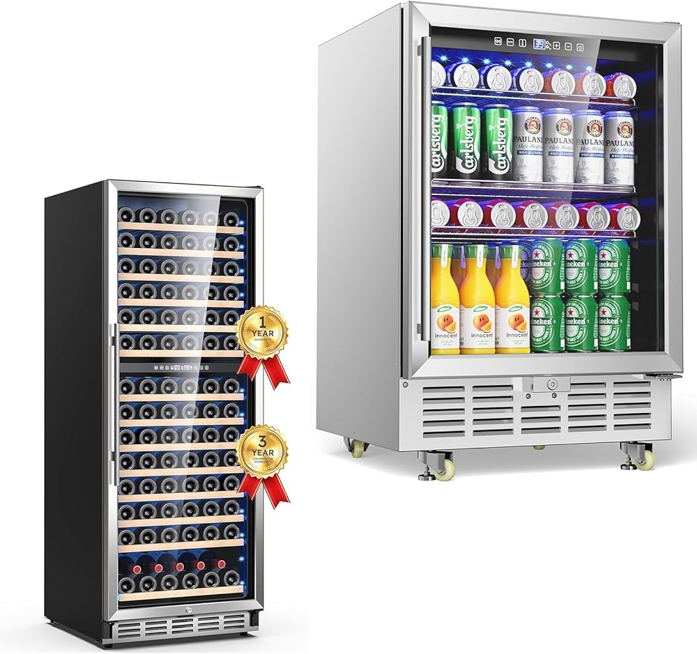 Outdoor Beverage Refrigerator with Glass Door, 24 Inch Under Counter Indoor/Outdoor Beverage Fridge for Patio and 24 inch Wine Refrigerator 163 Bottles
