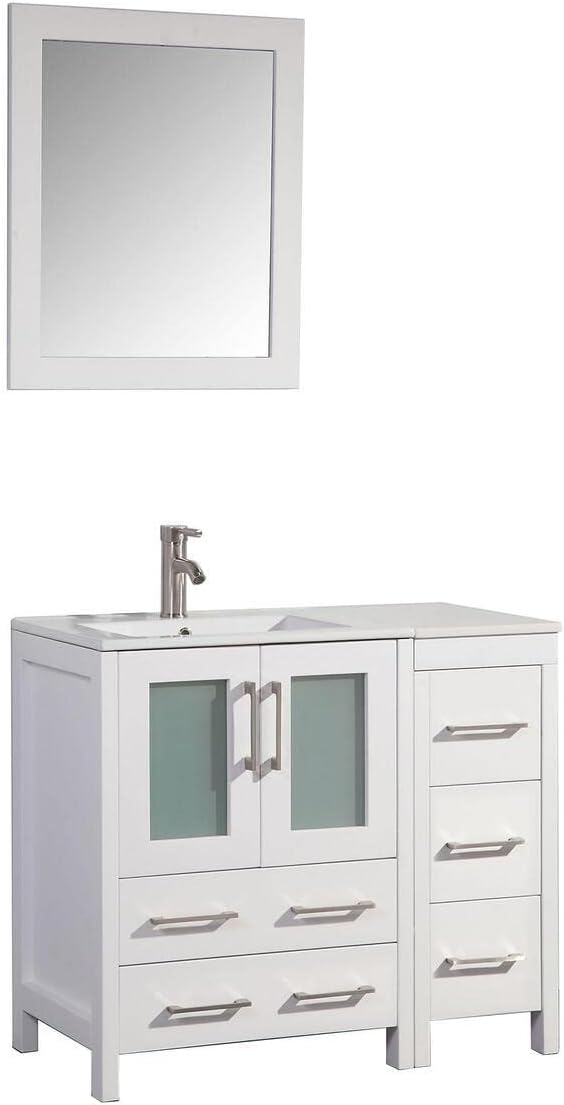 Vanity Art 42 Inch Under Mount Single Sink Bathroom Vanity Cabinet with 1 Mirror, Ceramic Top Bathroom Cabinet Compact Set with 5 Dovetail Storage Drawers and Brushed Nickel Handles, VA3030-42W