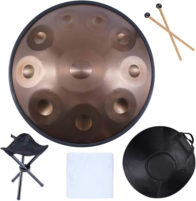 Handpan Drums Sets D Minor 22 inches Steel Hand Drum with Soft Hand Pan Bag, 2 handpan mallet,Handpan Stand(10 Notes, Gold)