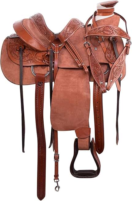 Manaal Enterprises Premium Leather Horse Wade Tree Western Leather Ranch Roping Work Horse Saddle Premium Leather Saddle for Ranch and Roping Work in (Roughout Wade, 15 Inches)