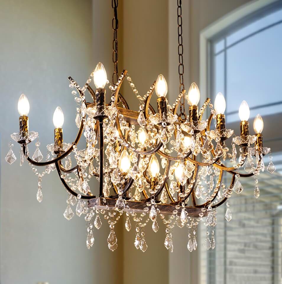 TOCHIC Crystal Chandelier, 15 Lights Farmhouse K9 Crystal Candle Chandeliers for Dining Room, Antique Maria Theresa Chandelier Ceiling Pendant Fixture Lighting for Living Room Bedroom Kitchen Hallway