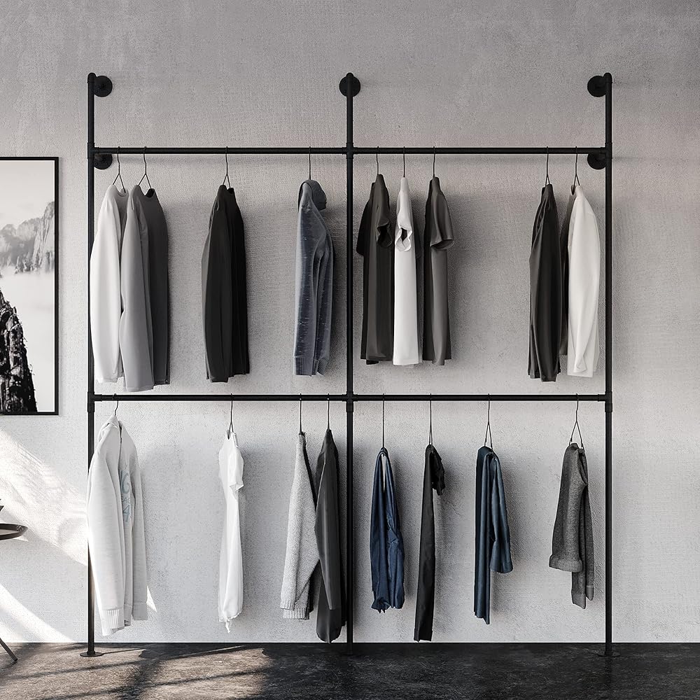 pamo Industrial pipe clothing rack metal black - Wall mounted clothes racks for hanging clothes - Modern walk in closet - KIM II DOUBLE black