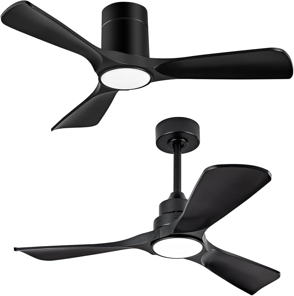 42 inch Ceiling Fans with Lights,Downrod Mount and Flush Mount 2-Pack,3 Color LED Light, Reversible DC Quiet Motor Modern Black Ceiling Fan for Bedroom Indoor Outdoor