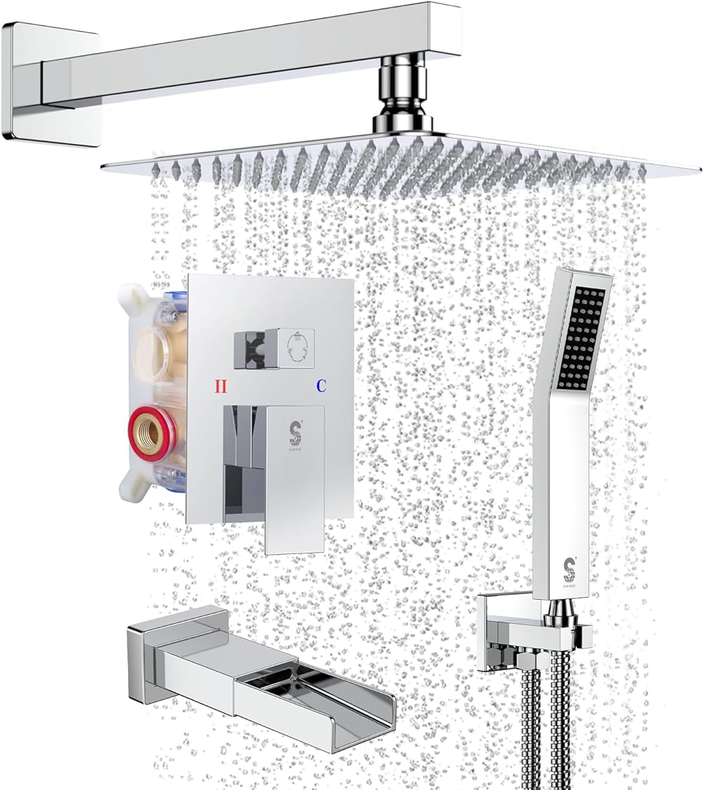 SR SUN RISE 12 Inches All Metal Square Shower System with Tub Spout, Tub Shower Faucet Set, High Pressure Rain Shower Head and Handheld Sprayer Combo Shower Fixtues, Valve Included, Polished Chrome