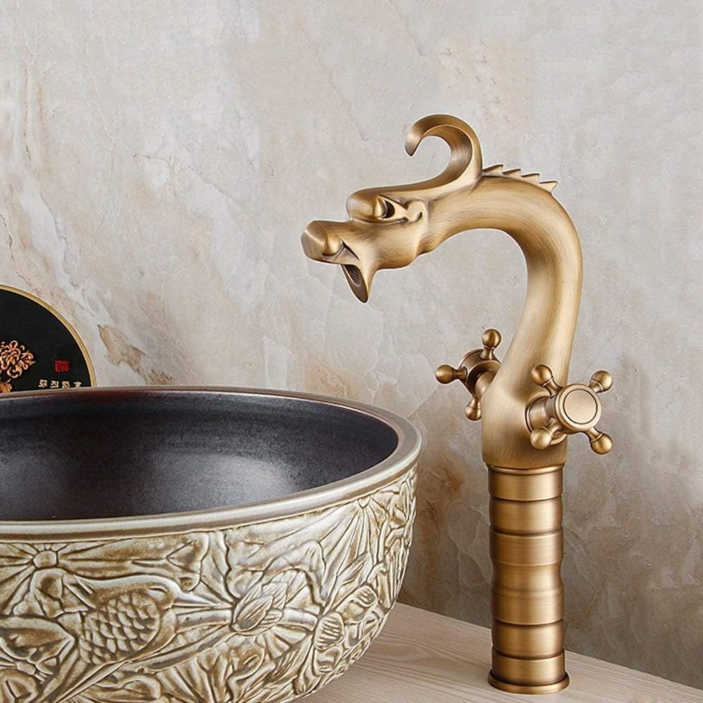 Faucet - Copper Retro Basin Faucet Double European-Style Hot and Cold Stage Upper and Lower Basins Heighten Dragon-Shaped Art Basin (Size : E)