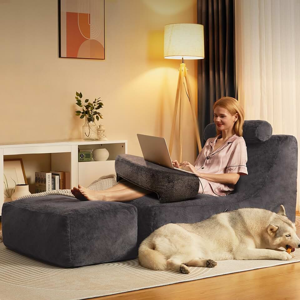 Homguava Bean Bag Chair Large Indoor Beanbag Sofa with Neck Roll&Ottoman and Reading Pillow for Reading Gaming