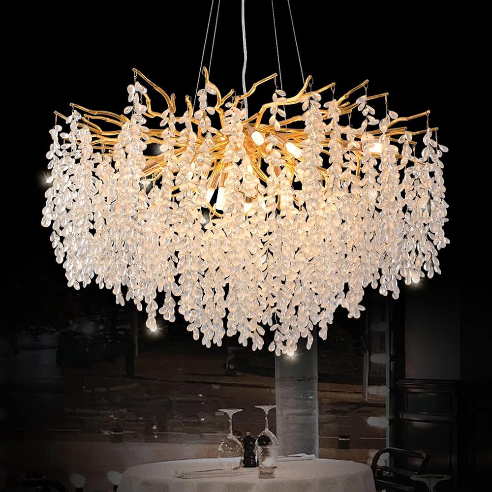 31 Inch Modern Crystal Chandelier Gold Tree Branch Chandelier Round raindrop chandelier Pendant Light Fixtures for Dining Room Living Room High Ceiling,10-Lights