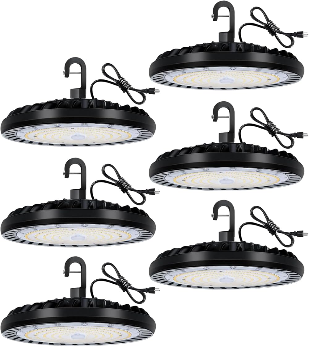 6 Pack LED High Bay Light 150W, 5000K UFO LED High Bay Light Fixture with US Plug [450W MH/HPS Equiv.] 100-277V, 19,500lm, IP65 Commercial Warehouse Area Light for Wet Location
