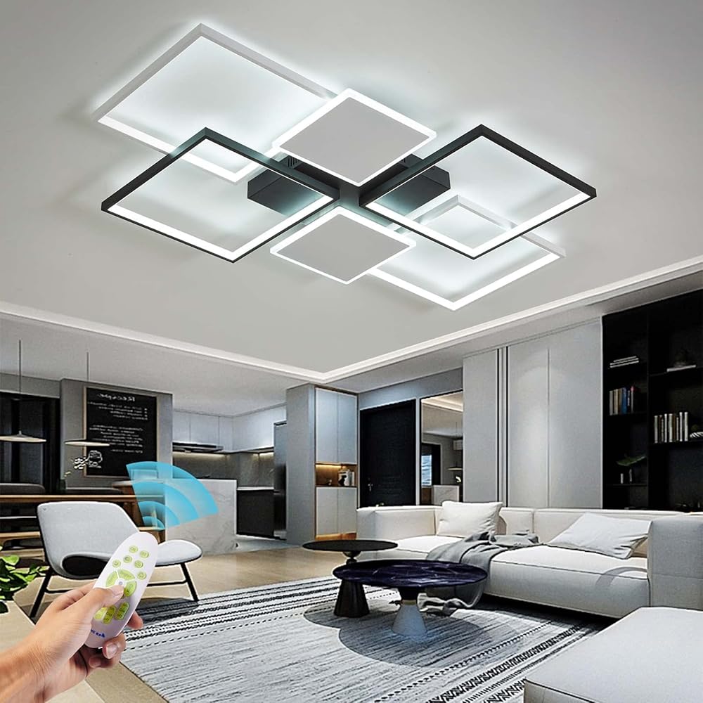 102W Black+White Modern LED Ceiling Lamps for Kitchen Living Room Bedroom,43.3in Dimmable Flush Mount Ceiling Light Fixture,6 Square Frame Acrylic with Remote Control Ceiling Lamp