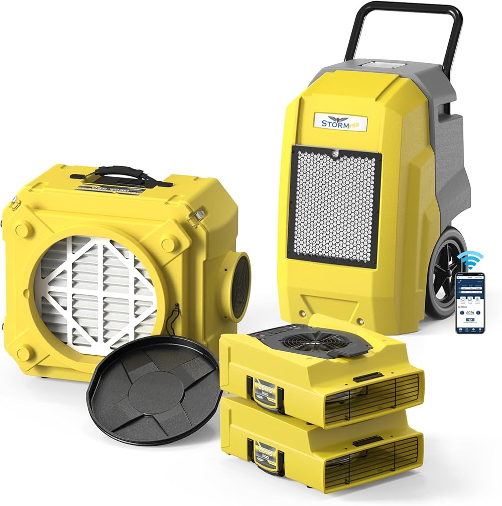 ALORAIR 1 x WiFi Commercial Dehumidifier, 2 x Air Movers and 1 x Air Scrubber Combo Package, Water Damage Restoration Equipment, Yellow