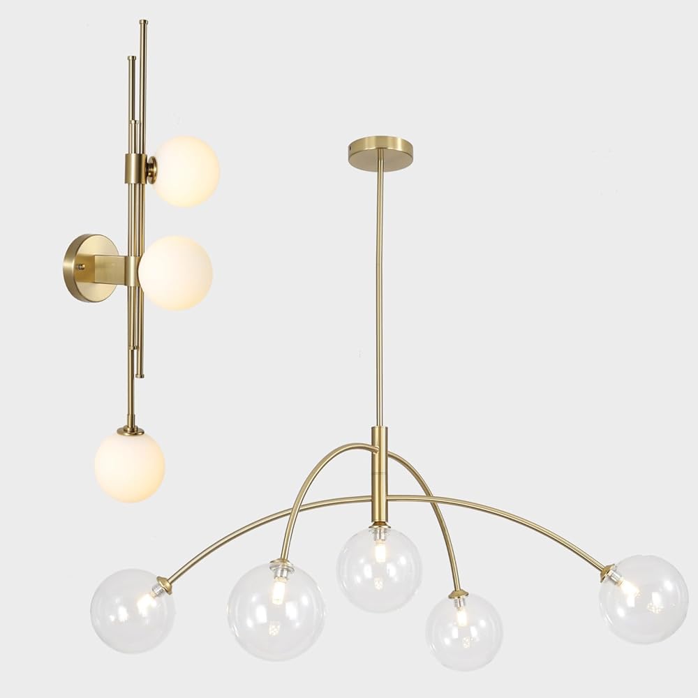 5 Light Modern Brass Chandelier Fixture White Clear Globe Glass Shade Pendant Light Mid Century Modern Glass Wall Light Fixtures for Bedroom Living Room