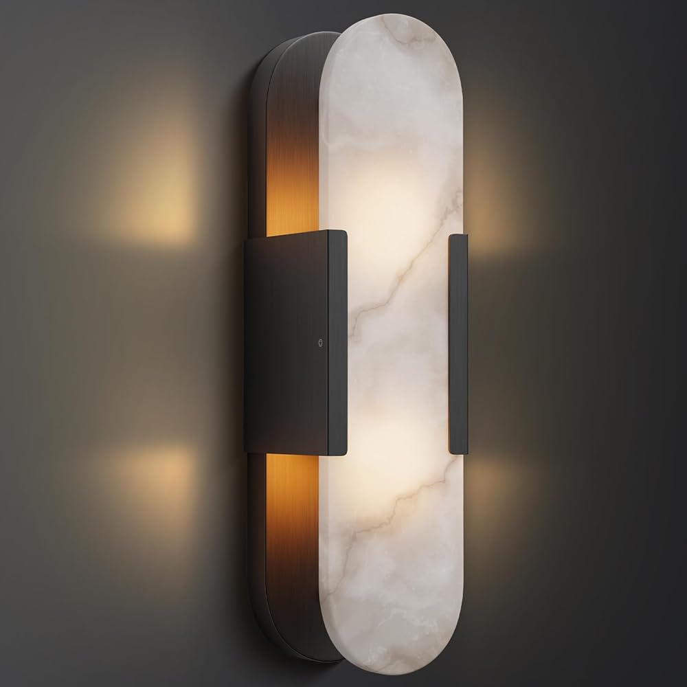 RINGRAIN19.7in Black Wall Sconces, Natural Alabaster Wall Light, Modern Indoor Vanity Light Fixtures for Bathroom, Bedside Wall Mount Lighting for Hallway, Living Room, Bedroom, Stairs