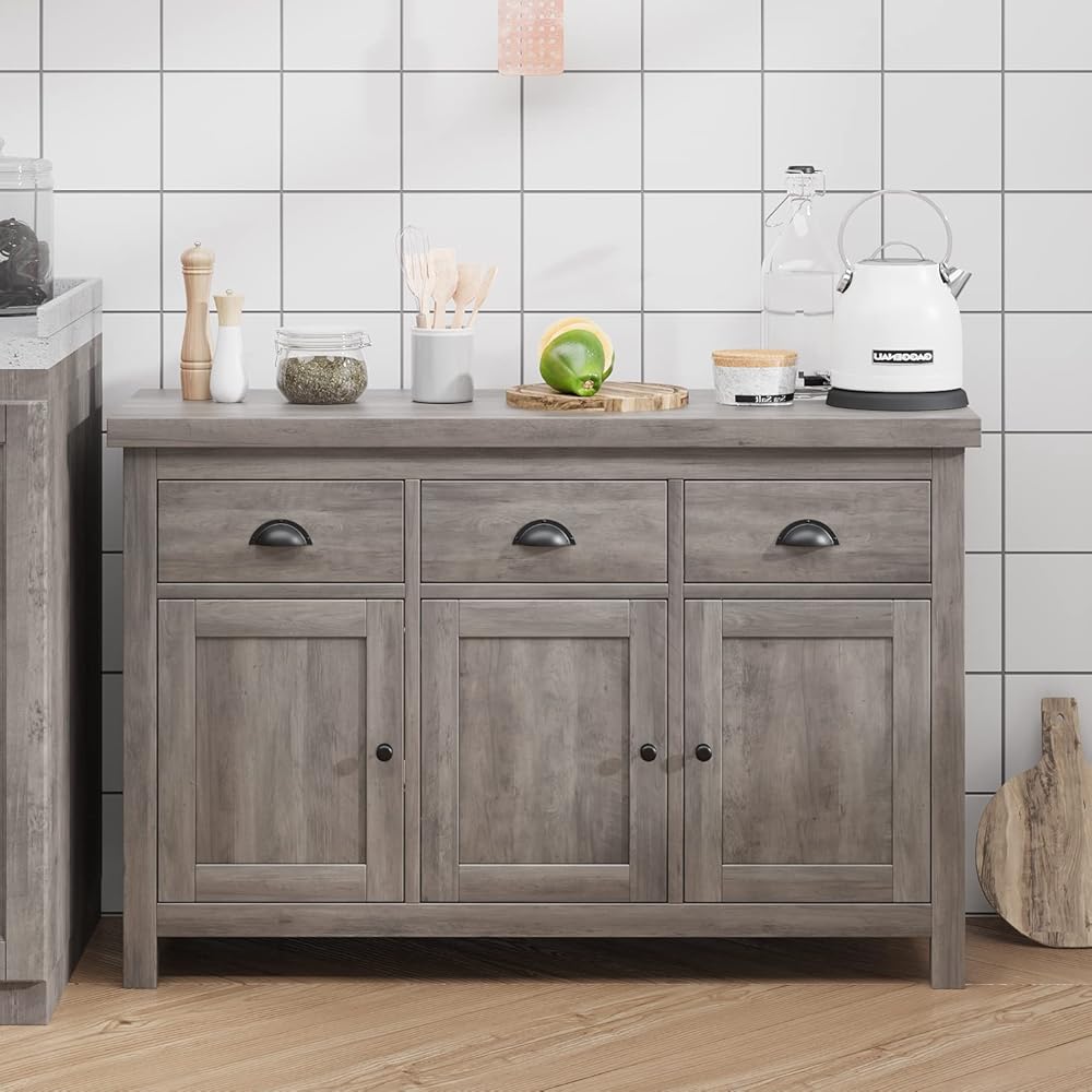 Sideboard Buffet Cabinet with Large Storage Space, 3 Drawers and 3 Doors with Adjustable Shelf, Durable Structure for Kitchen in Gray