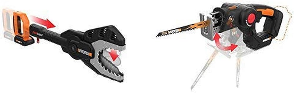 WORX WG320 JawSaw 20V PowerShare Cordless Electric Chainsaw with Auto-Tension with WX550L.9 20V AXIS 2-in-1 Reciprocating Saw and Jigsaw with Orbital Mode, Variable Speed and Tool-Free Blade Change