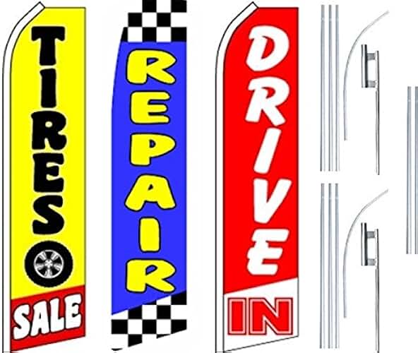 Auto Shop Services Super Flag 3 Pack & Poles-Tires-Repair-Drive In