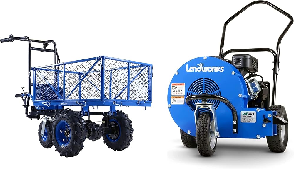 Landworks Utility Cart Wheelbarrow Power Wagon 48V DC Li-Ion Battery Powered & Leaf-Snow Blower Wheeled Walk Behind