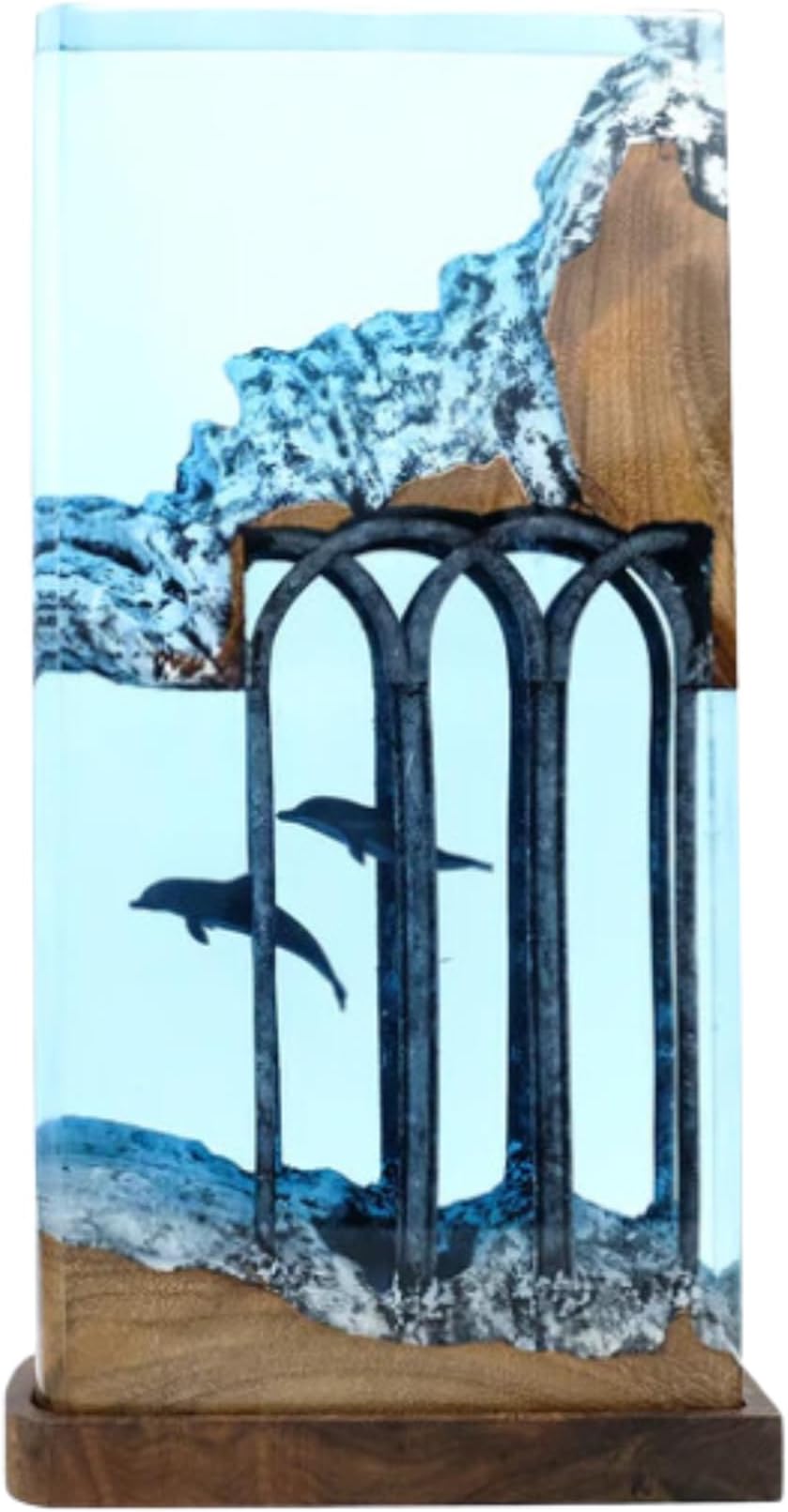 Dolphin Resin Ornament Wood, Decorations Marine Art Night Light Desk Lamp, Ocean Theme Diorama, Lamp Decoration, Ocean Lamp, Gift for Love (12x6 inch)
