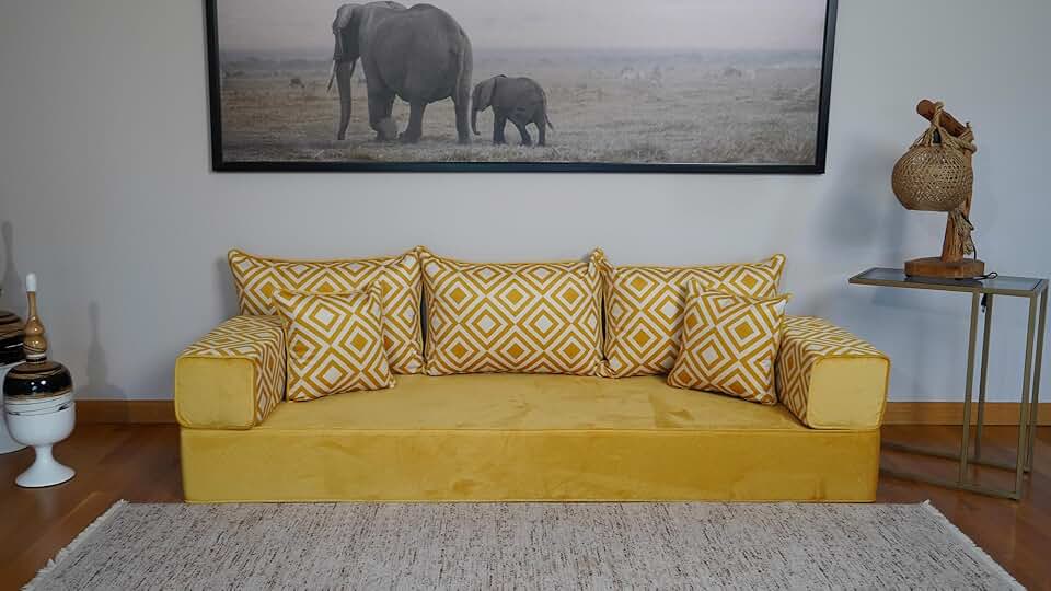 Arabic Sofa, Bench Cushion, Floor Cushion, Turkish Floor Sofa, Arabic Couch, Floor Seating Sofa, Diwan Sofa, Loveseat Sofa Set (8'' Thickness Sofa, Sofa Only, Yellow)